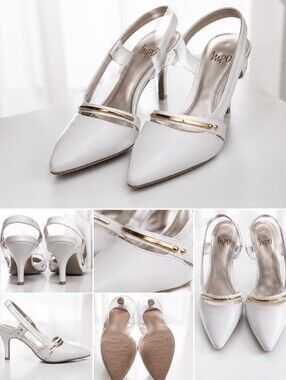 Impo White Pointed Slingback Heels with Metallic Accent